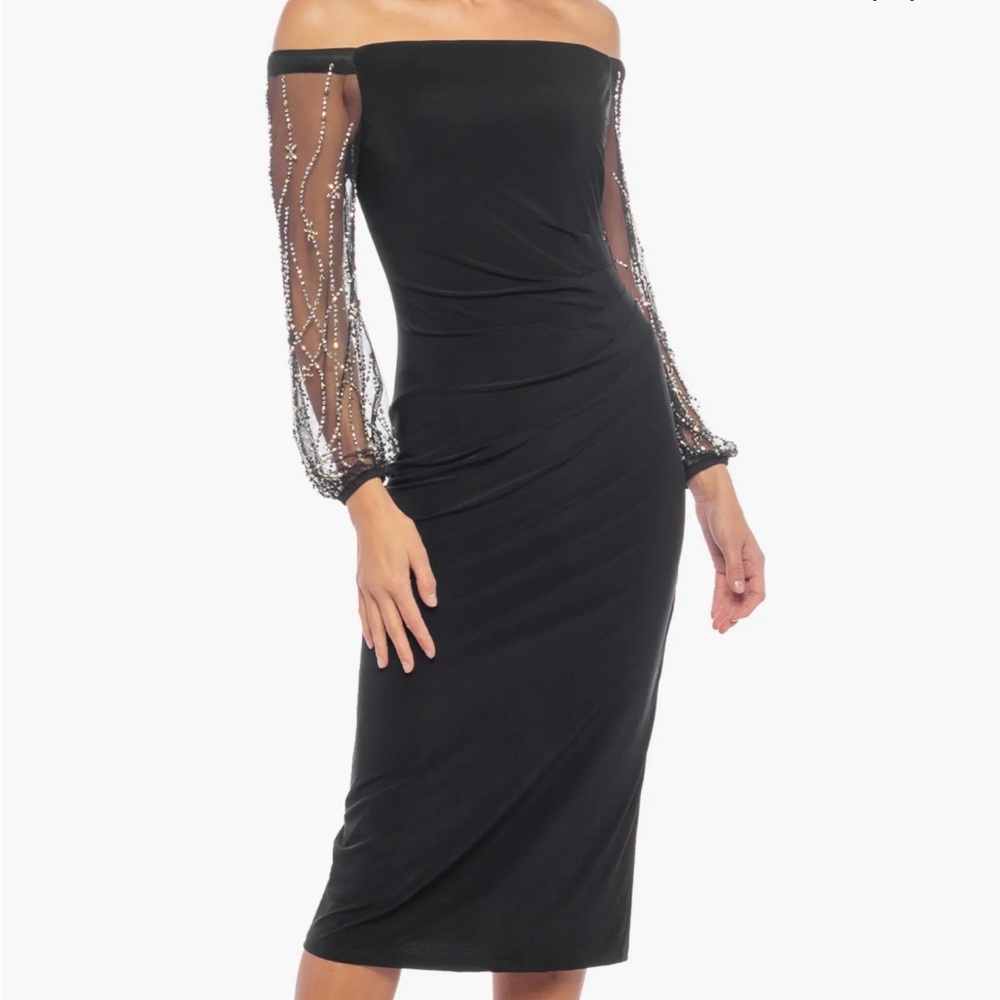 Marina Black Off-the-Shoulder Beaded Dress